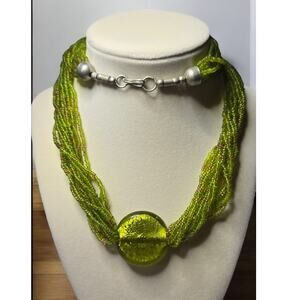 Green Multi Strand Seed Bead Necklace Textured Glass Elegant Layered Drape